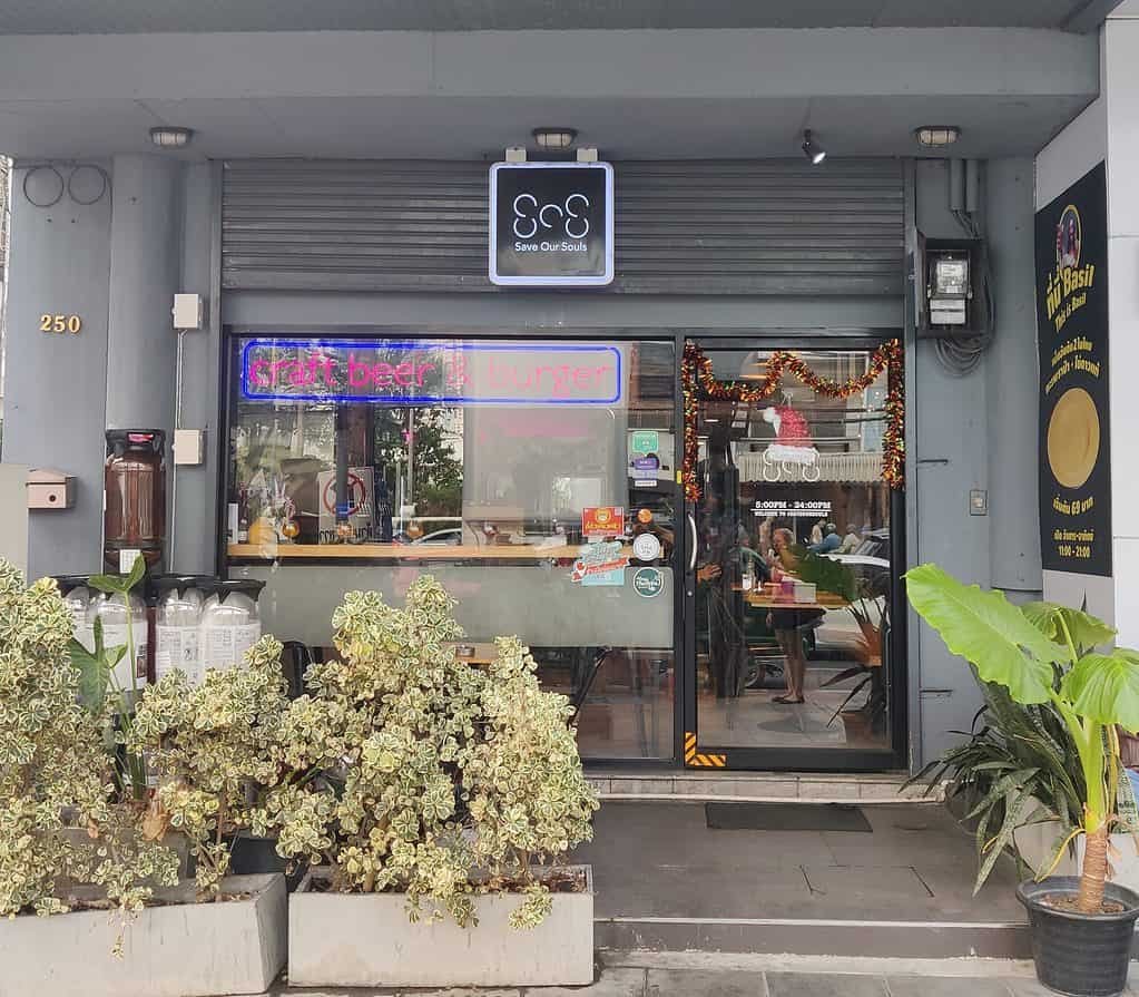 Outside view of Save Our Souls craft beer bar Bangkok Thailand