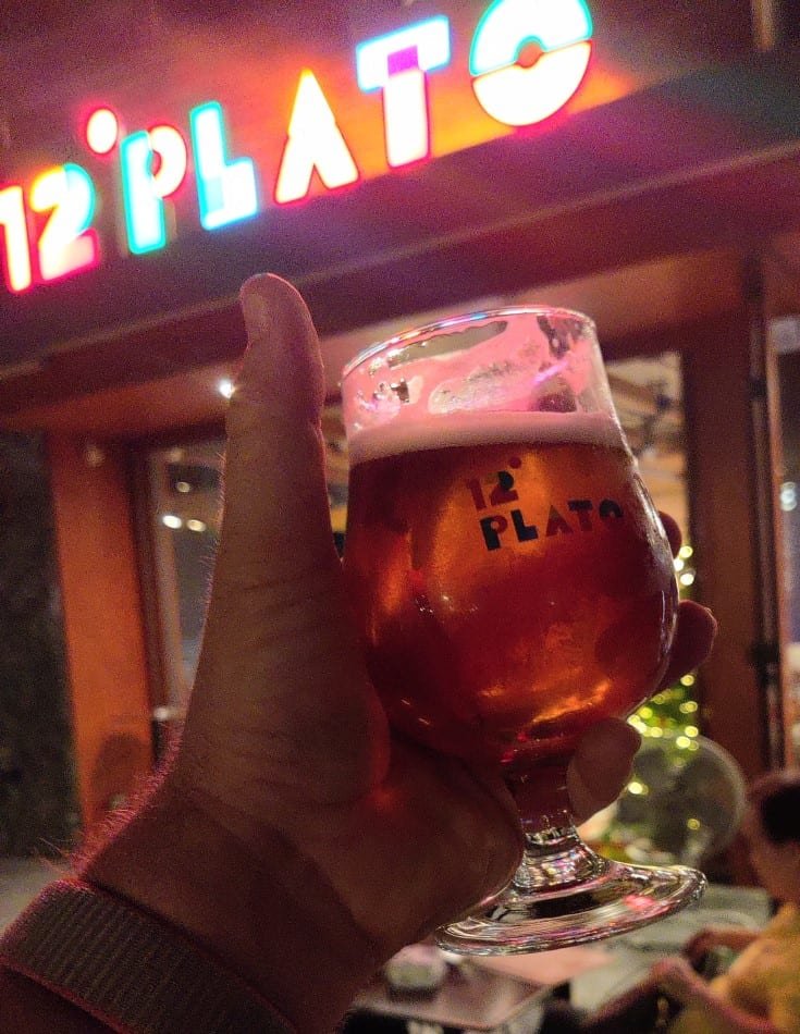left hand holding a 12 Plato 330ml beer glass with the 12 Plato neon sign in the background.