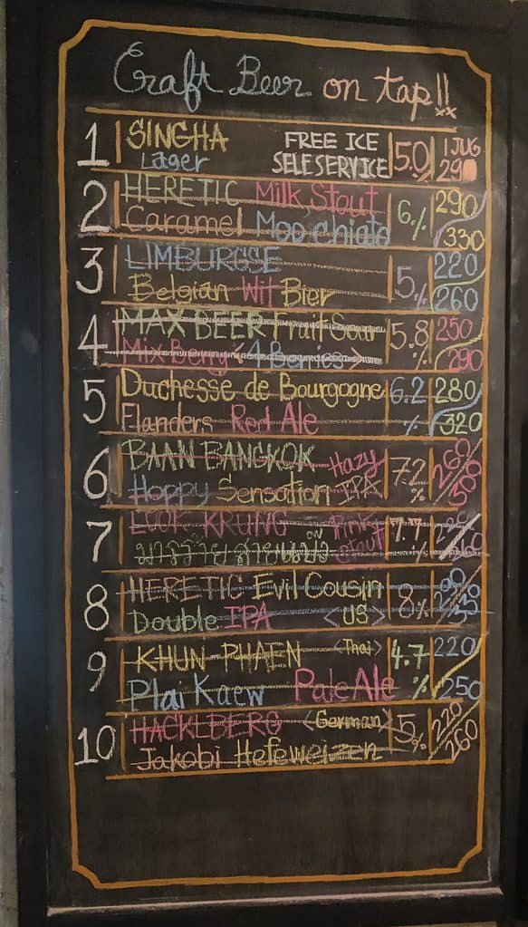 Craft beer on tap chalk board at Dok Kaew House Bar, Bangkok 