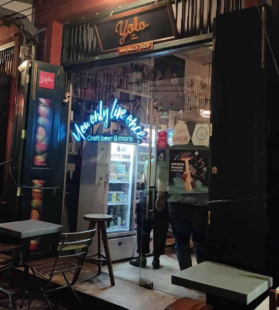 Outside entrance of Yolo craft beer bar in Bangkok. 