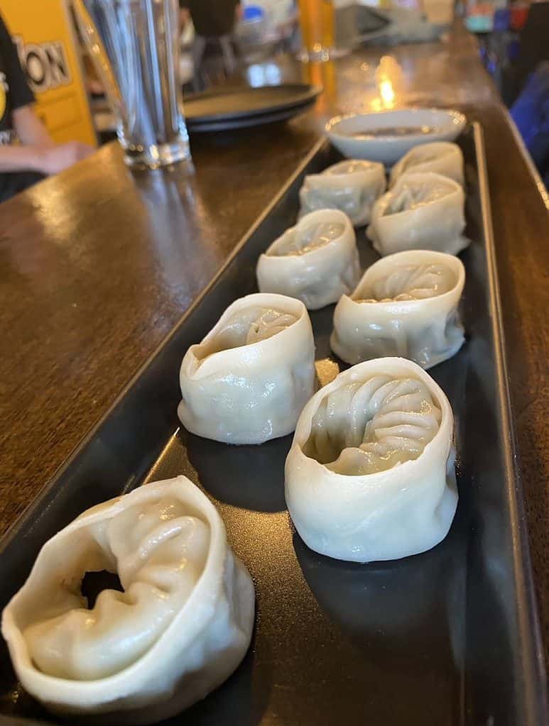 tray of korean style dumplings at Changwon Express in Bangkok Thailand