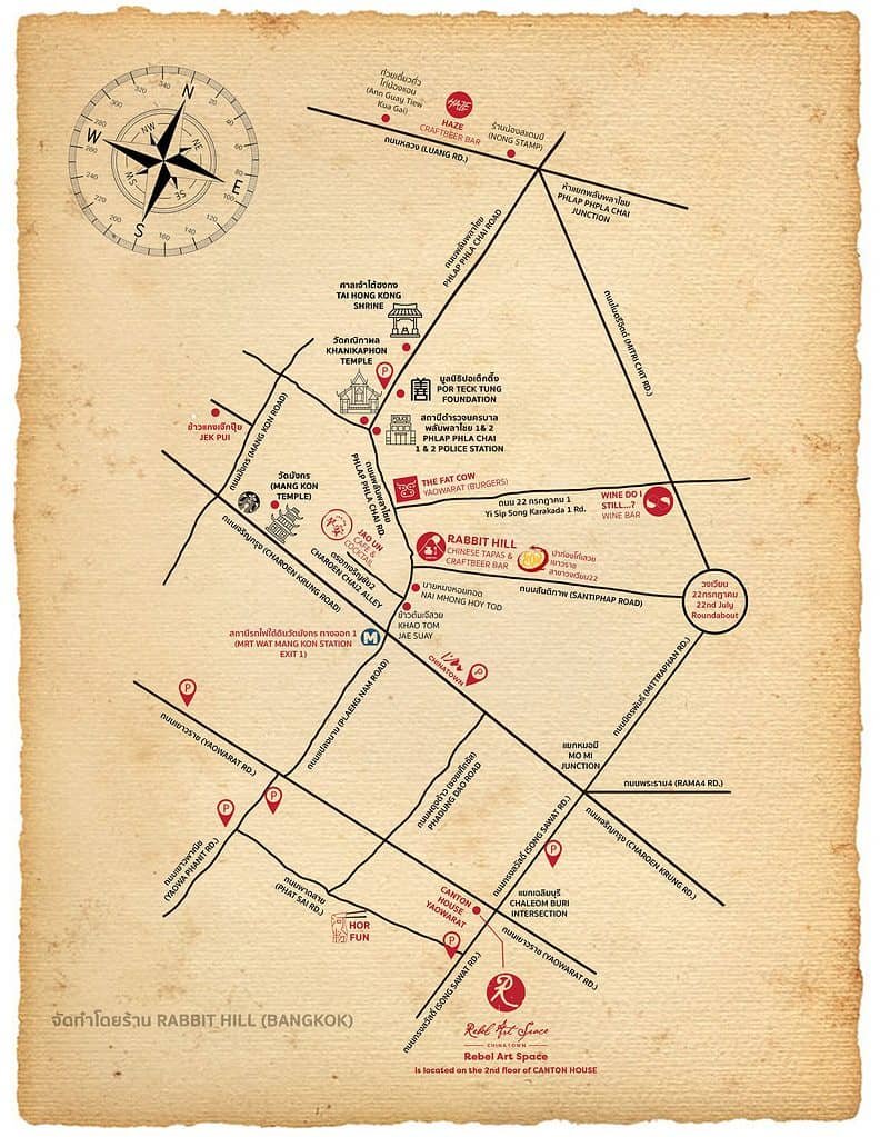 Map of Chinatown in Bangkok by Rabbit Hill bar. Shows many restaurants and craft beer bars. 