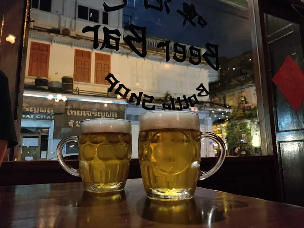 Glasses / schooners of beer at Pijiu Bar Craft beer bar in Bangkok Thailand.