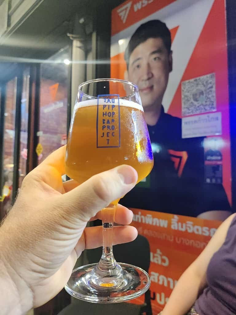 Glass of beer from Taopiphop Craft Beer Bar in Bangkok, connected to the politician  Taopiphop Limkittrakorn.