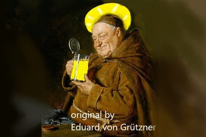 edited painting of a monk with beer, made into a saint. Original painting by Eduard von Grützner German, 1846 - 1925