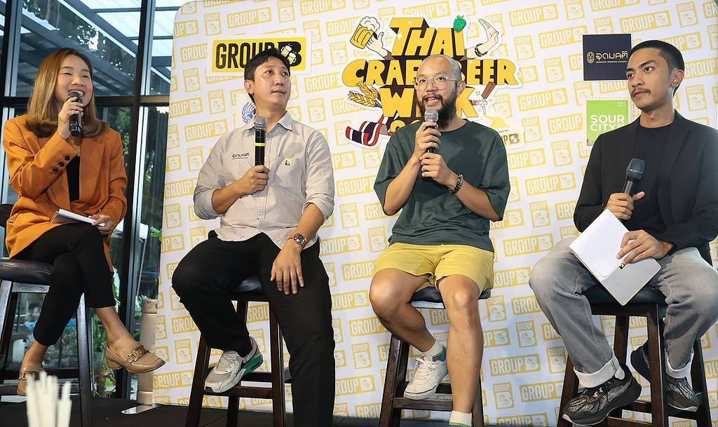 Thai Craft beer week press conference  at United People's Brewery in Bangkok Thailand. Three people speaking in a panel, including popular YouTube star, Easy / Rubsarb
Courtesy of Group B Press release. 