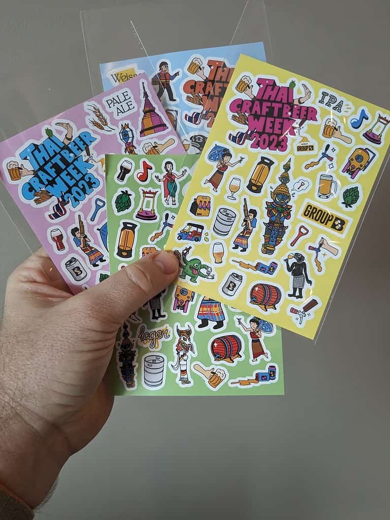 Thai Craft Beer Week stickers handed out at the media event at United People's Brewery in Bangkok, Thailand.  