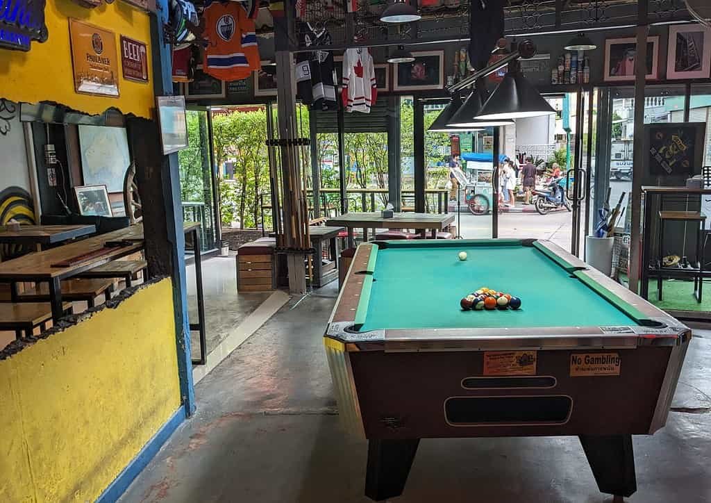 Picture of the pool table, looking outside, at Zinc 101 in Bangkok Thailand