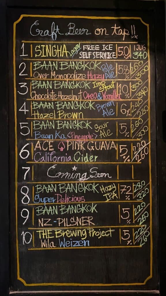 Baan Bangkok tap list at the takeover at Dok Kaew House bar in Bangkok Thailand. 