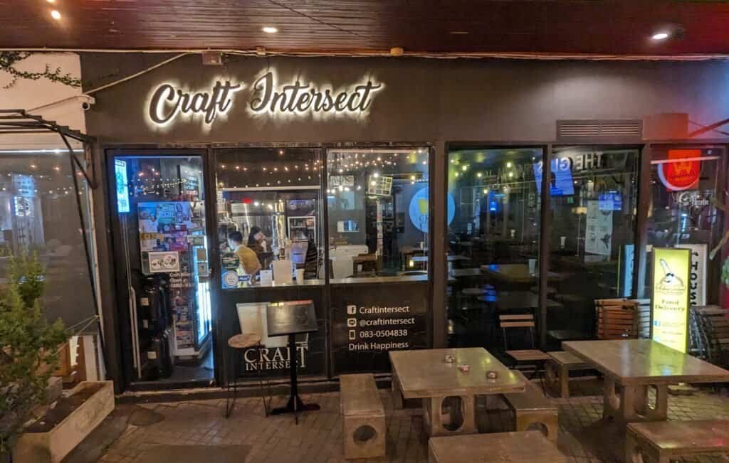 Craft Intersect craft beer bar in Bangkok Thailand, in Bang Na district.  Bottles and cans and draft beer. 