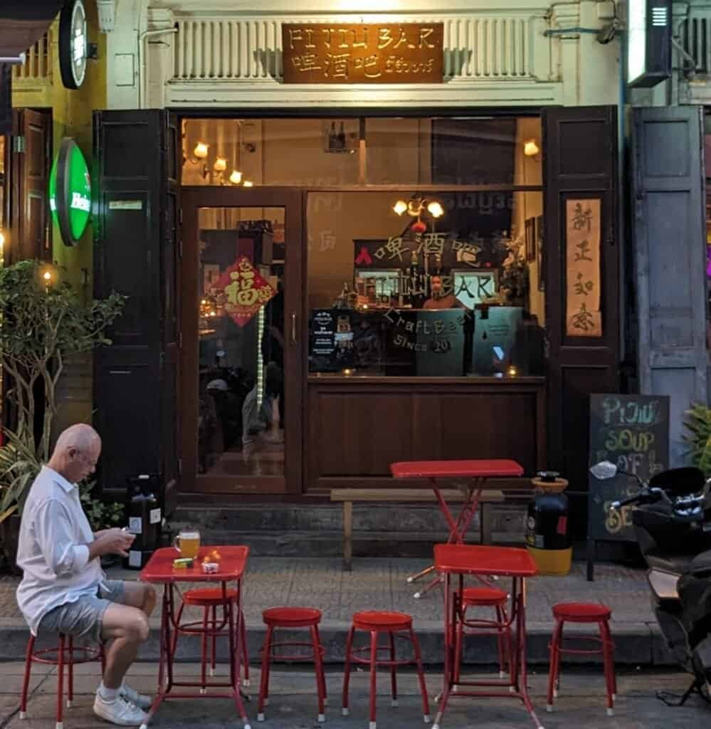 Outside entrance to Pijiu craft beer bar in Bangkok Chinatown, Thailand. 