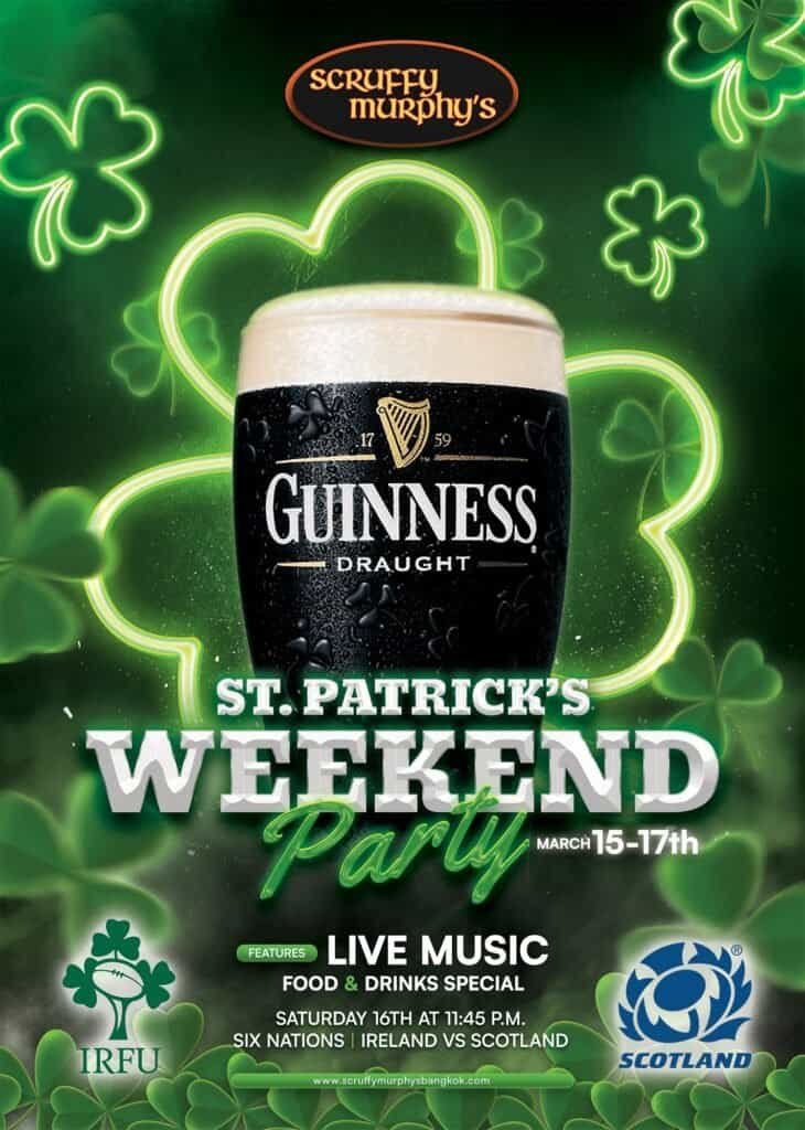 St. Patrick's Day Weekend poster by Scruffy Murphy's Irish bar in Bangkok Thailand