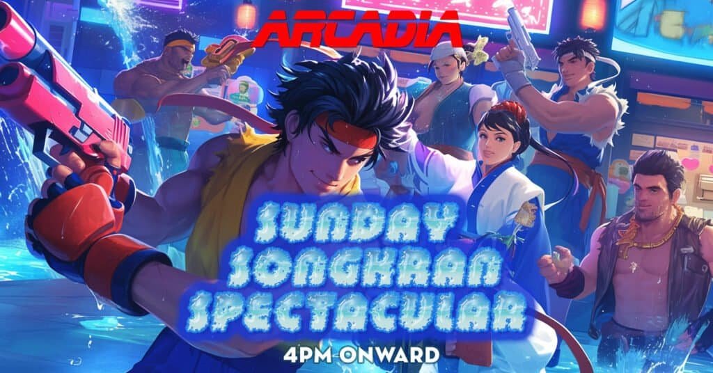 Event poster for Songkran event happening in Bangkok Thailand at Arcadia Barcade. 
Craft beer and more 