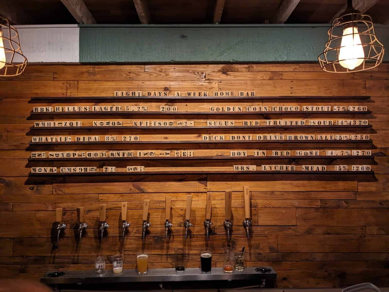 The tapwall of beers at Eight Days a Week Homebrew craft beer bar in Bangkok, Thailand. 