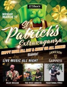 O'Sheas irish pub St. patrick's day flyer