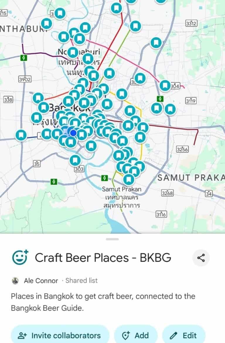 Screenshot of beer places in Bangkok Thailand from Google Maps