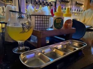 beer glass and fries setup